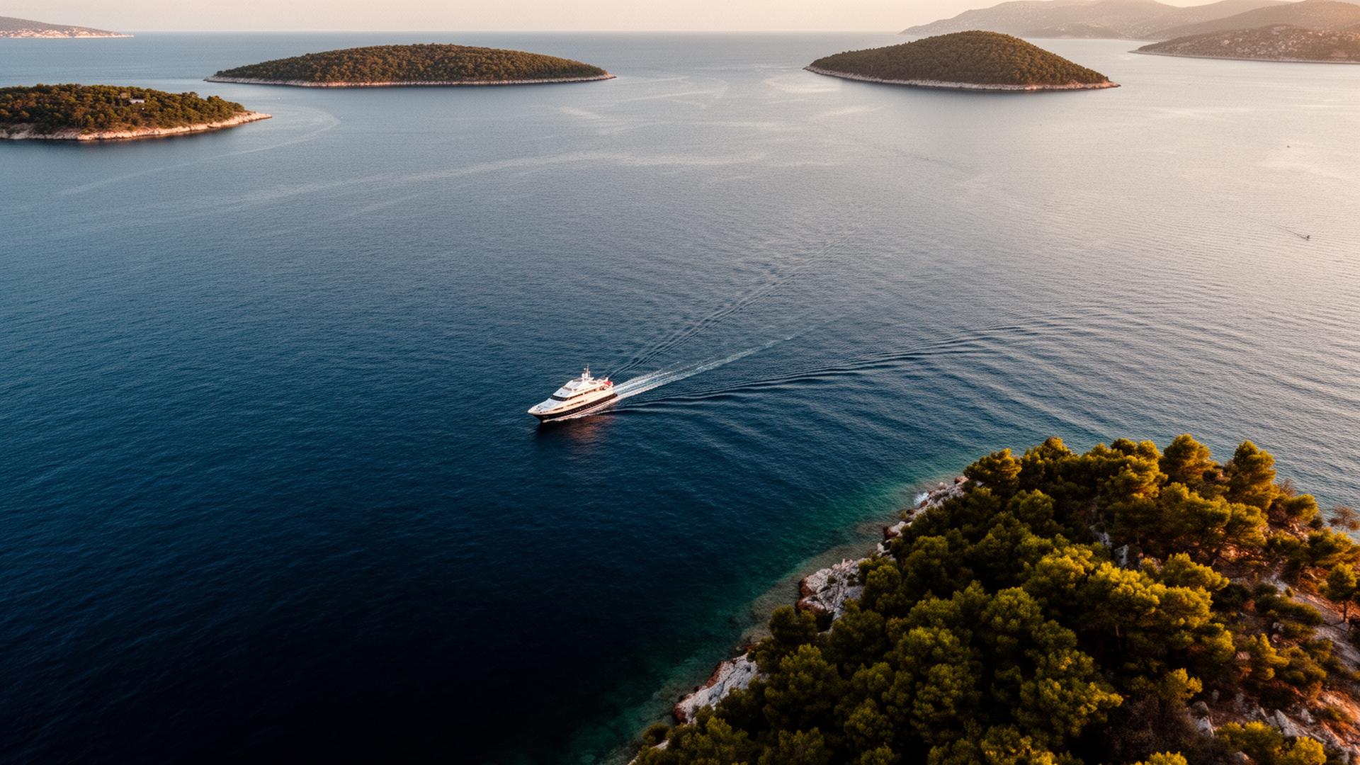 A single yacht crossing the Adriatic between Croatian islands at golden hour