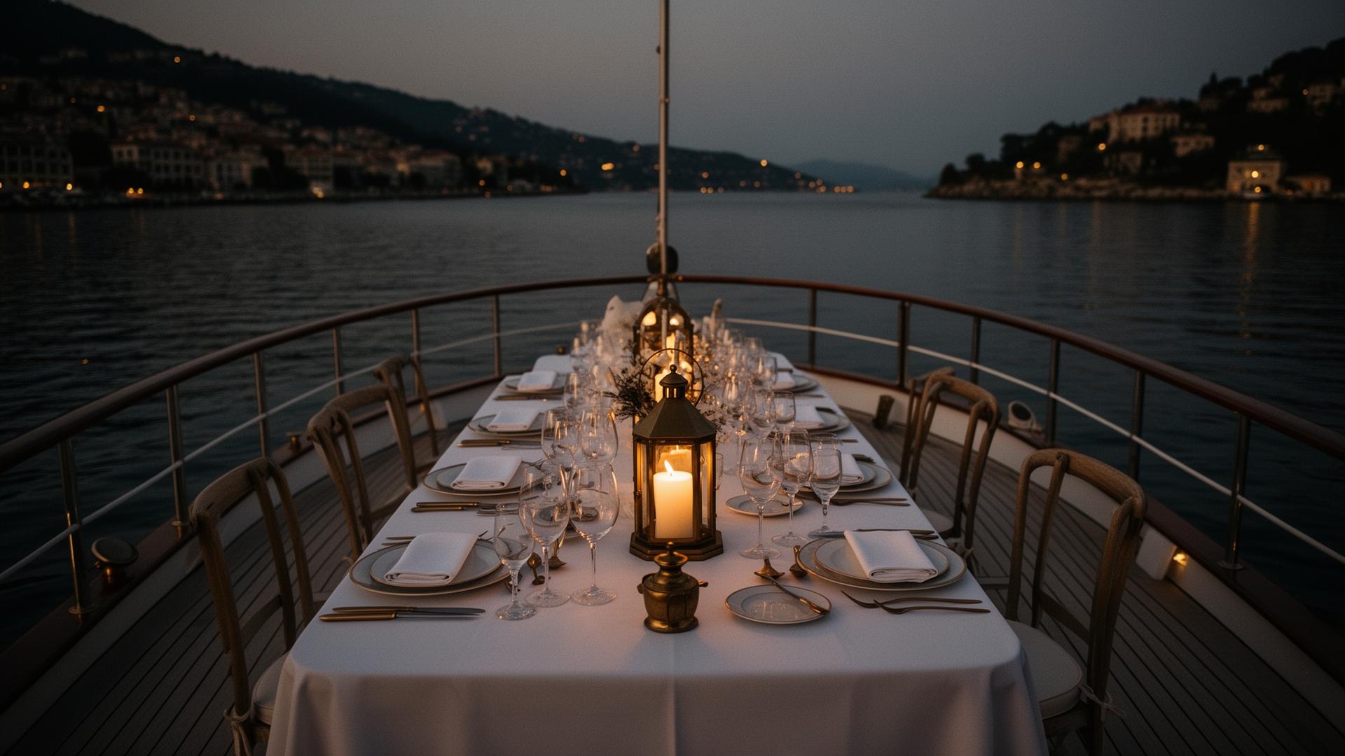 A candlelit dinner table set on the open deck of a classic yacht at dusk