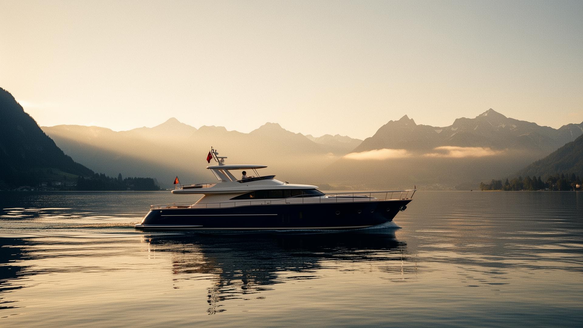 A classic motor yacht at first light on an alpine lake